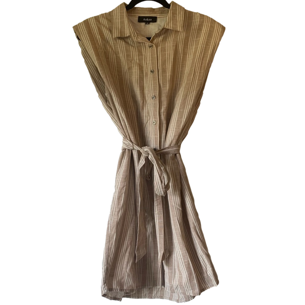 Aaakaa Cream and White Striped Cotton Button Down Collared Dress size Medium